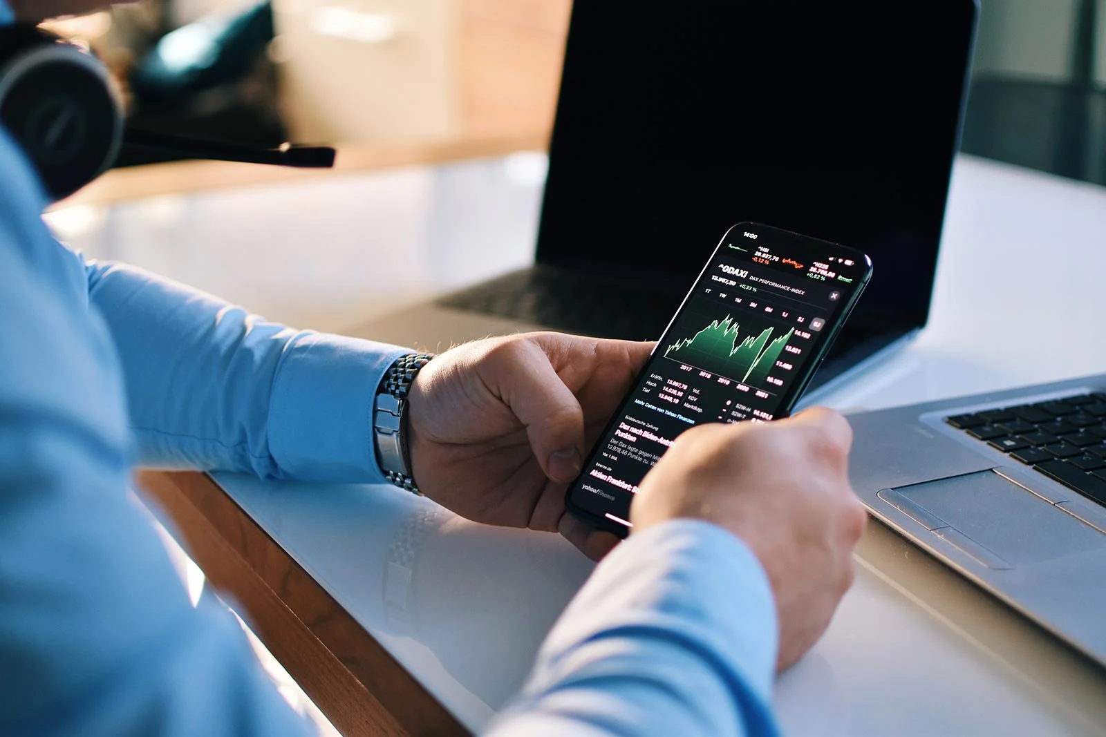 business man checking stock market