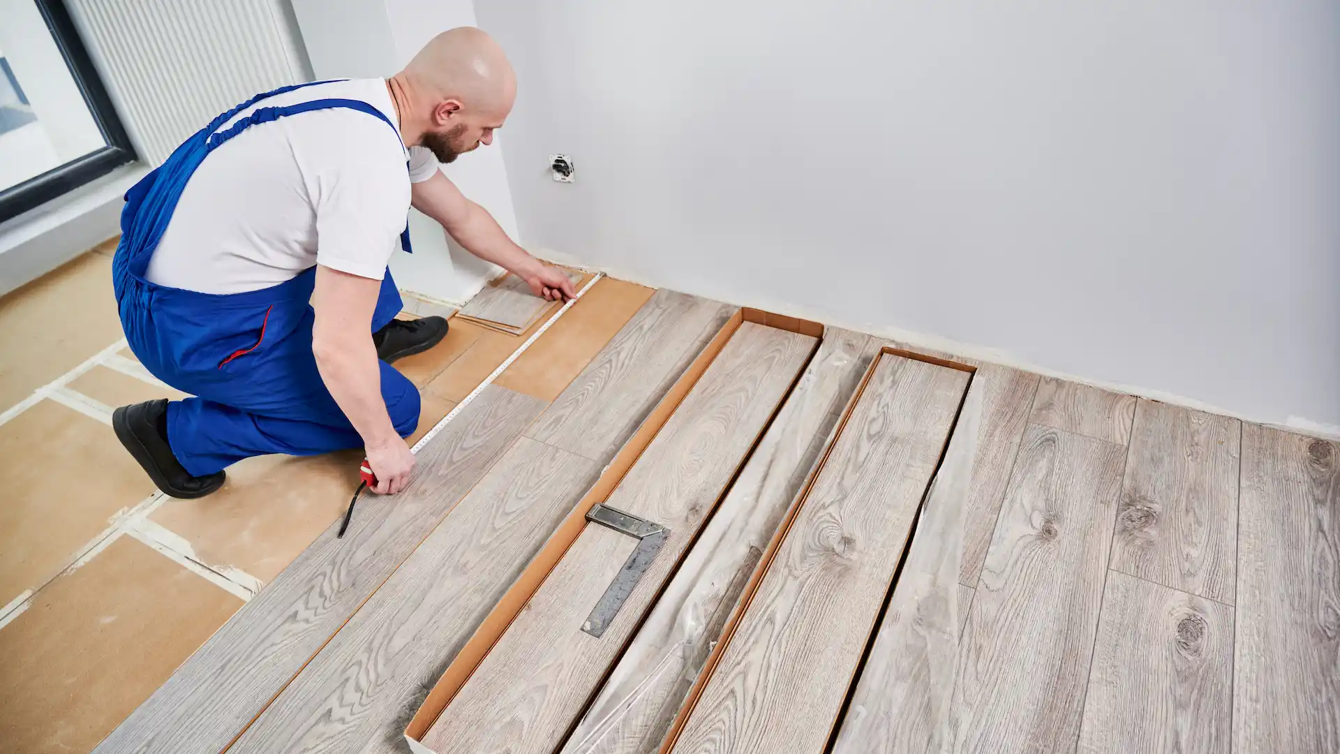 male worker measuring distance from wall to laminate