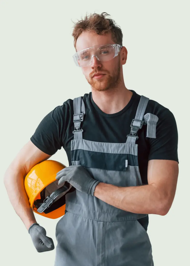 portrait of man in grey uniform andwith orange