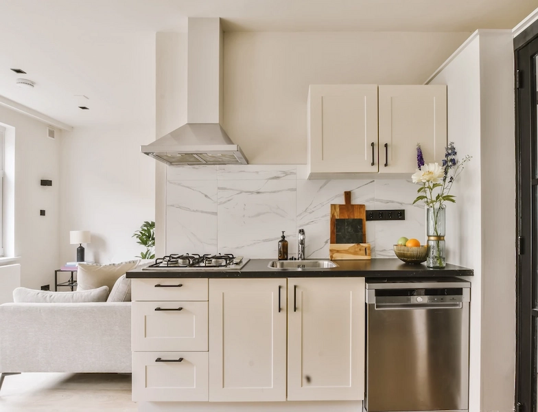 kitchen with white cabinets