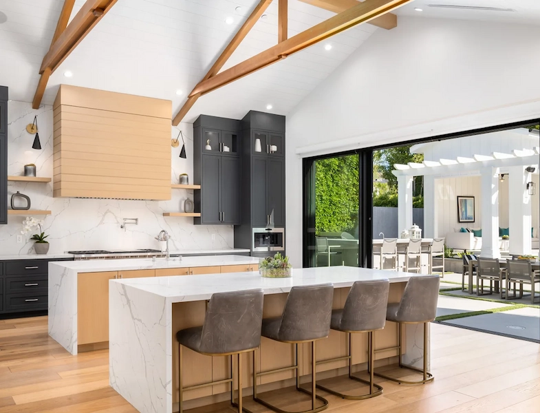Large open kitchen with black accents