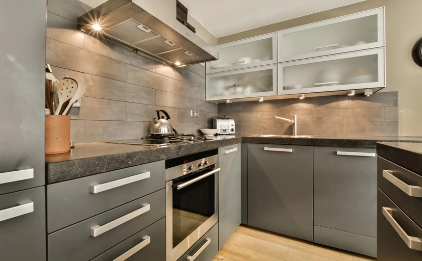 Modern kitchen with gray cabinets