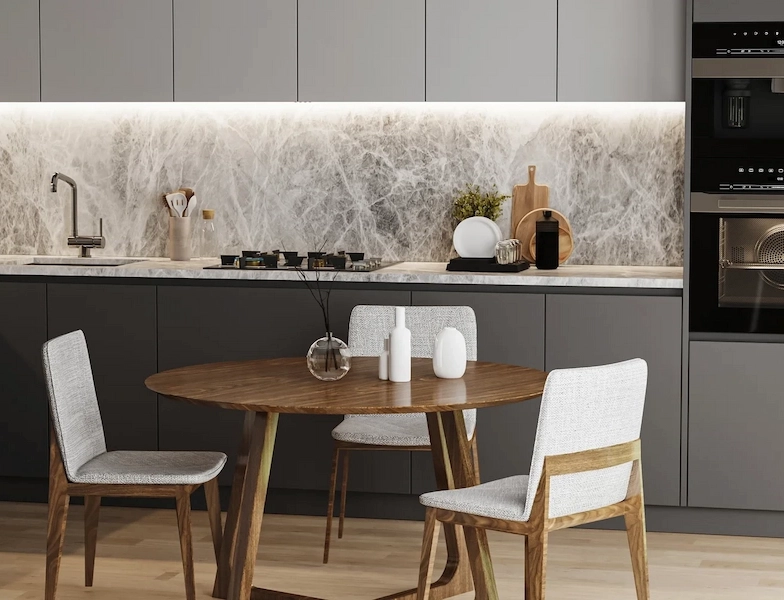 Modern kitchen with dining table