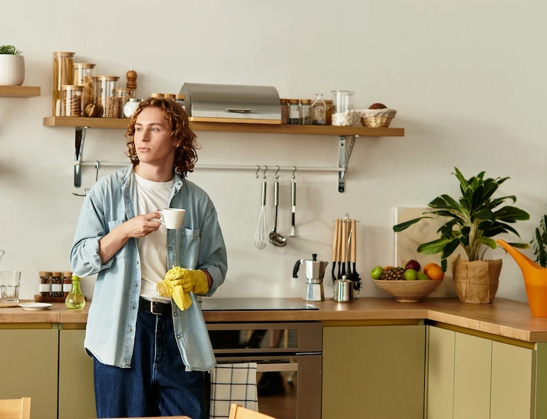 Man enjoying a quiet moment in the kitchen