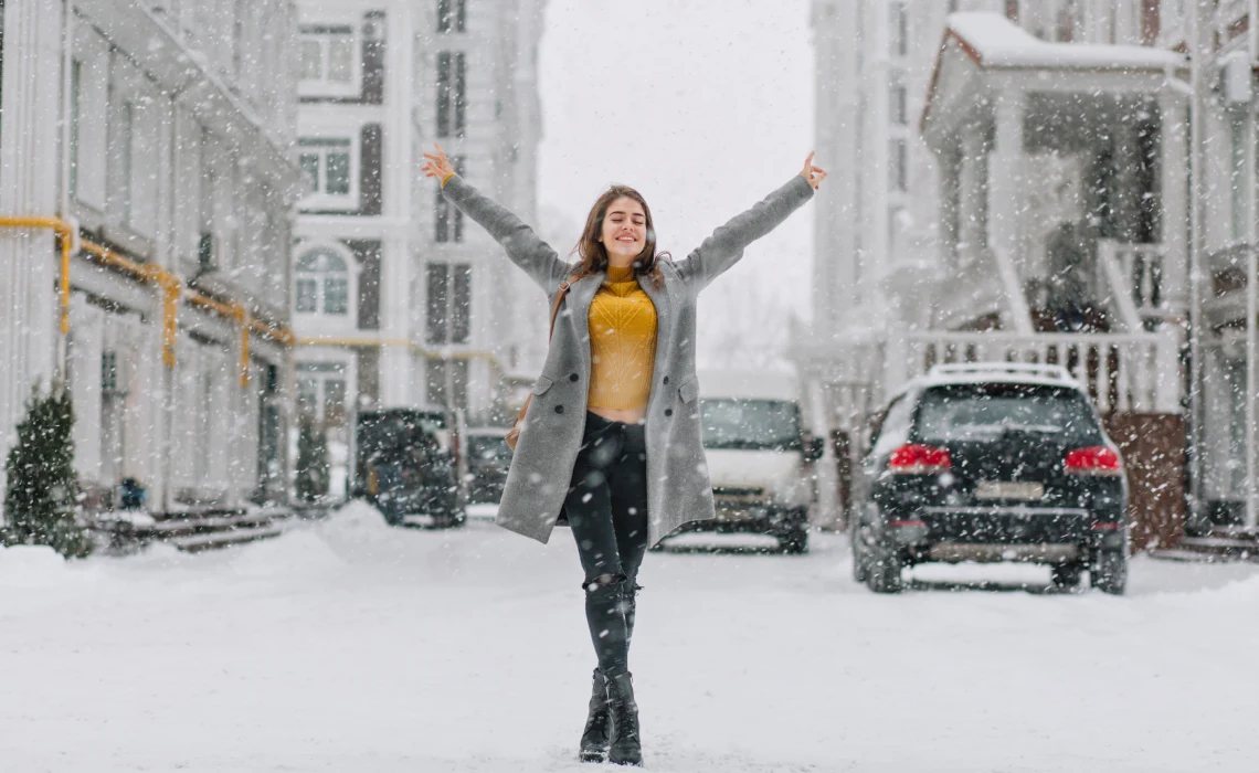 snowing girl joy having fun