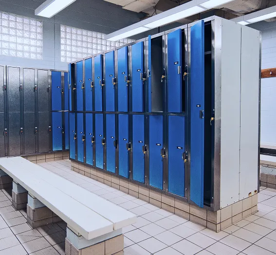 lockers with blue doors for rent in a public locker