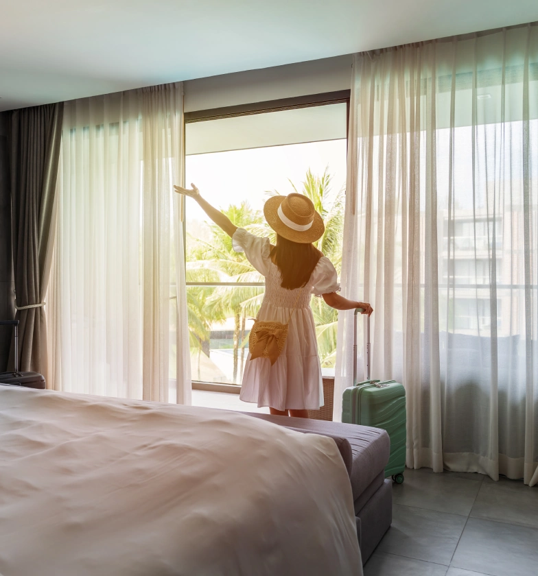 young woman traveler opening