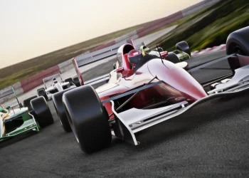 red race car close up front view on a track