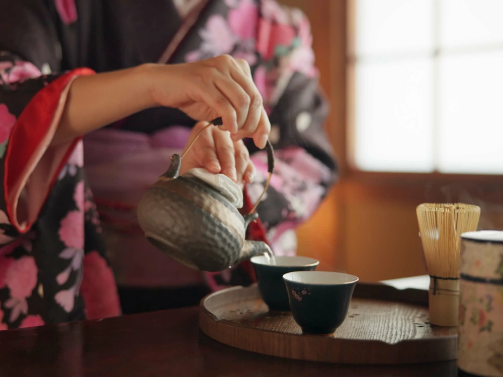 Japanese, hands and matcha for tea ceremony in Chashitsu room