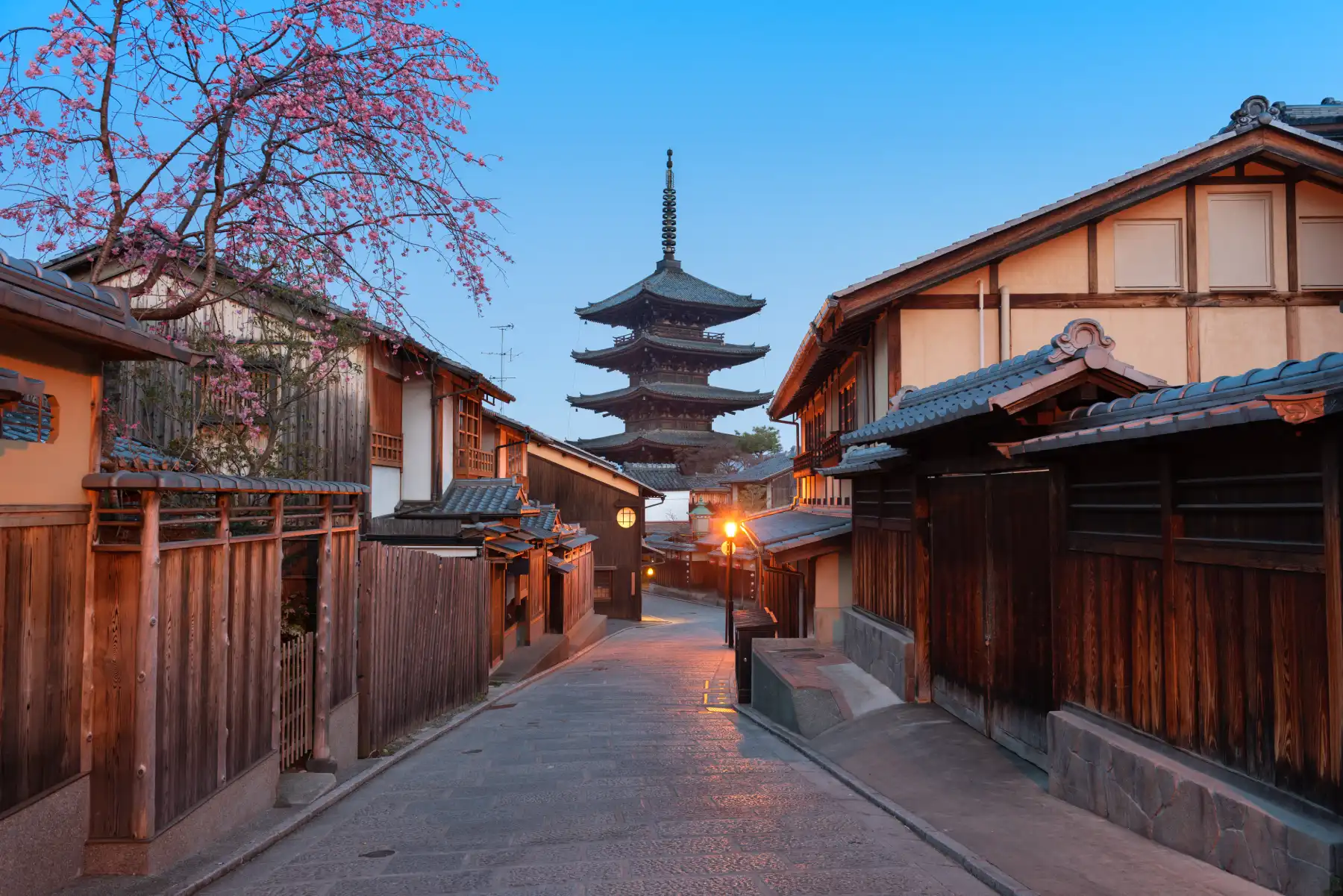 kyoto japan pagoda and street at twilight