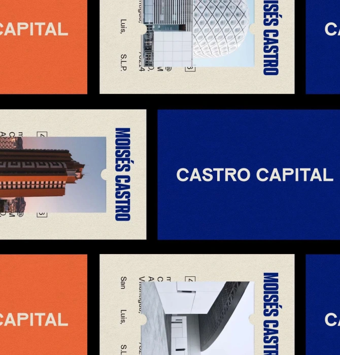 Grid layout branding design featuring Castro Capital typography and architecture imagery