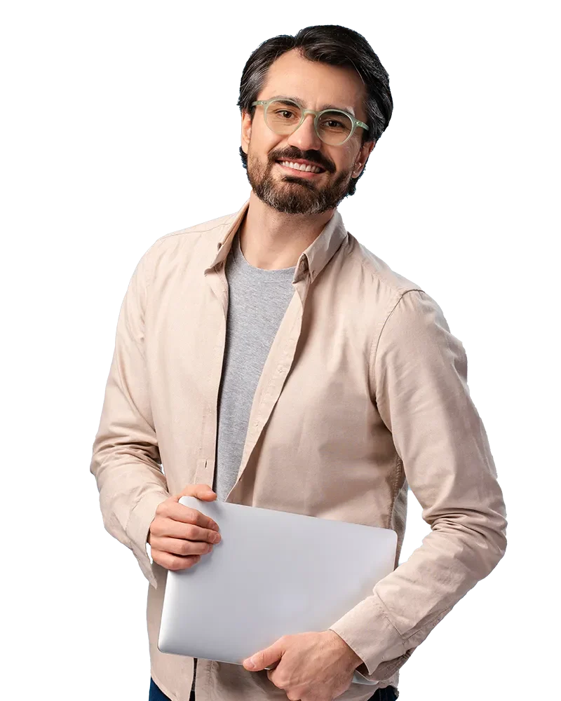 young cheerful man with laptop in his hand